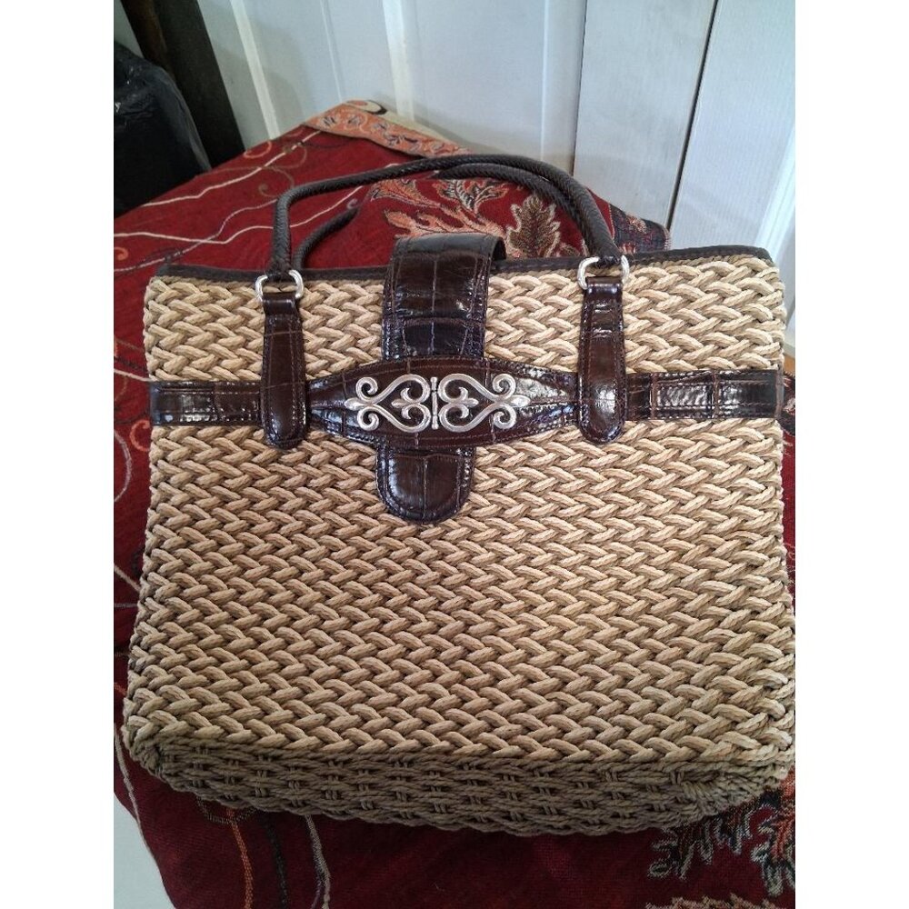Brighton Woven Kora StrawTote Bag W/Brown Leather Accents/Silver Filigree Buckle